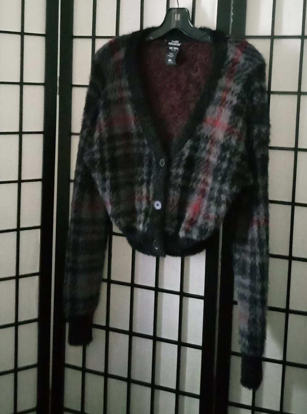 Hot Topic Black Gray Purple Plaid Cropped Button Cardigan